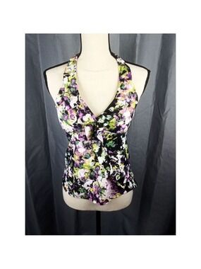 Assets by Spanx Black Purple Floral Tankini Top Size Medium